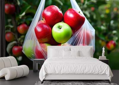 Holding a plastic bag containing red and green apples. Wall mural