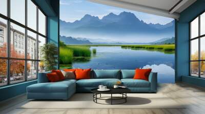 It is a peaceful wetland, the mountains in the distance are looming in the mist, and the lake water ripples gently. Wall mural