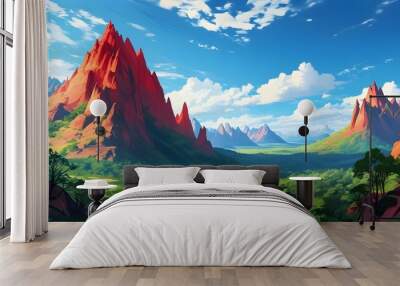 Magnificent red rock peaks stand in the embrace of nature, setting off the beautiful scenery of blue sky and green forests. Wall mural