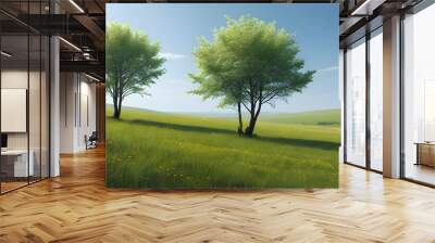 On the grassland in spring, two trees stand tall, and the surrounding environment is peaceful and fresh. Wall mural