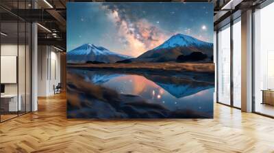 The bright Milky Way in the night sky complements the Taranaki Mountains, giving the scenery spectacular. Wall mural