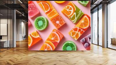 The brightly colored fruit candy bar presents the pattern of oranges and lemons with a pink background, giving a pleasant visual experience. Wall mural