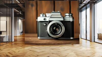 The classic Yaskar camera, displayed on a wooden background, is full of retro atmosphere. Wall mural