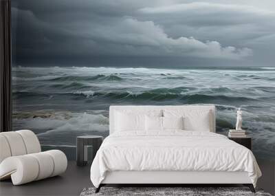 The desolate beach, the gray sky echoed the magnificent waves Wall mural