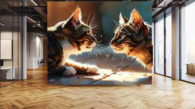 The dynamic picture of two cats playing together shows a lively and lovely interaction. Wall mural