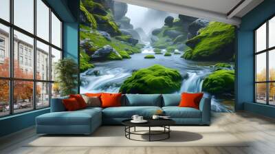 The flowing streams in the canyon, the rocks covered with green moss, and the mysterious and psychedelic natural landscape. Wall mural