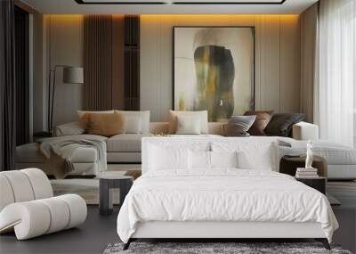 The modern living room combines comfortable sofas and bright colors to reveal an elegant interior design. Wall mural