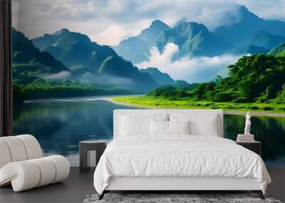 The scenery surrounded by green mountains and green waters, the misty mountains and the tranquil rivers complement each other. Wall mural