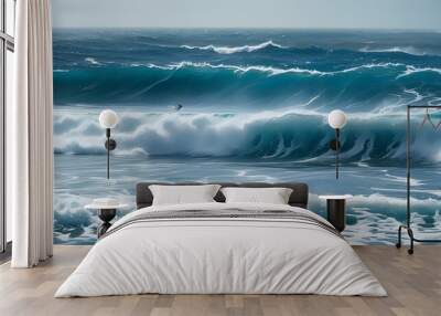 The waves beat on the sea, and someone was surfing in the water, showing a dark blue sea surface and white foam. Wall mural