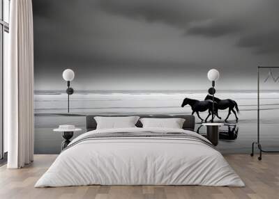 Two horses are riding on the vast sea, with the tranquil black and white scenery. Wall mural