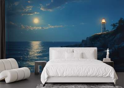 With the sea view at night, the lighthouses on the coastline look particularly charming under the soft moonlight. Wall mural