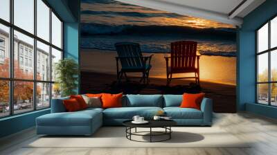 beach chairs and sunset Wall mural