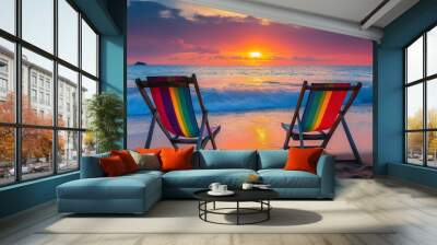 beach chairs and sunset Wall mural