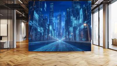 Blue technology line data city background Wall mural