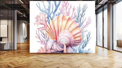 Seabed ocean coral shells seaweed starfish white illustration background Wall mural