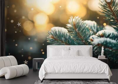 Snowflakes on a Christmas tree with warm yellow bokeh background. Wall mural