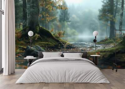 green scandinavian forest, lakes, bushy, wander trails,  Wall mural