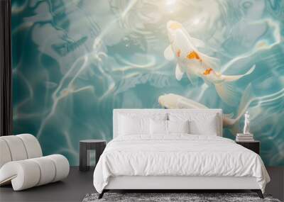 Realistic photography top view of transparent and clean white water and with two white goldfish, sunlight reflection, space for text --ar 16:9 Job ID: 08daf886-1388-4432-b7e1-db5a63efc172 Wall mural