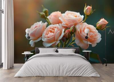 A bouquet of soft-toned roses blooms in full bloom against a beautiful background, exuding a faint fragrance. Wall mural