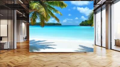 Beautiful serene beach scene with white sand and crystal clear water, coconut trees gracefully sway in the breeze. Wall mural