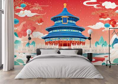 Beautiful Temple of Heaven in a festive atmosphere with traditional Chinese elements design Wall mural