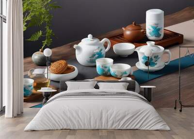 The fusion of exquisite porcelain and elegant tea art showcases the charm of Chinese traditional culture. Wall mural