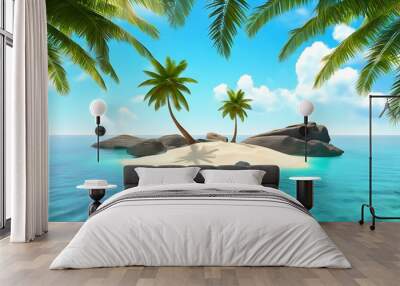 Tropical island summer illustration, integrating coconut and palm trees with oceanic elements. Wall mural