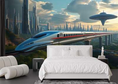 Urban scenery with high-speed train in motion Wall mural