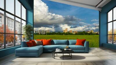 Blue sky, spectacular cirrus clouds, overlooking city buildings and mountains Wall mural