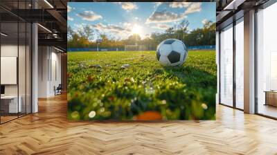 Soccer ball on green field in small stadium under blue sky, ready for game Wall mural