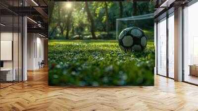 soccer ball on green grass field near goal in sunny day Wall mural