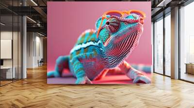 Trendy Colorful Chameleon with Pink Glasses on Pink Background Wall mural