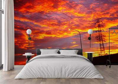 power lines at sunset Wall mural