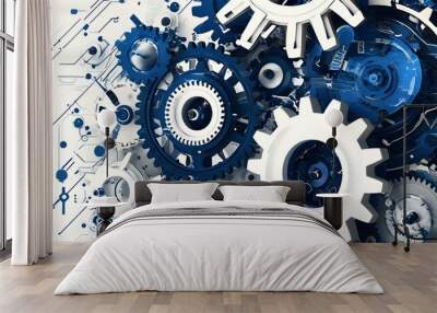 Abstract blue and white mechanical gear design for a technology-themed poster background Wall mural