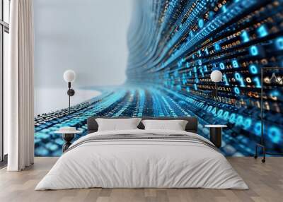 abstract blue binary code on a crisp white backdrop with intricate perpendicular text elements Wall mural