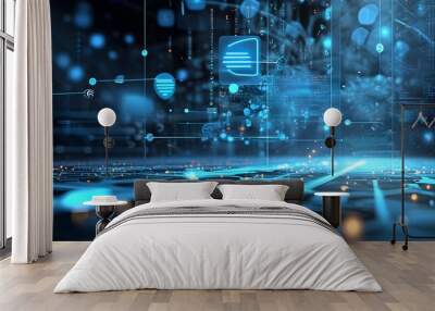 abstract blue circuit board background featuring Wi-Fi icon showcasing modern technology concepts of wireless connectivity, digital networks, and scientific elements Wall mural