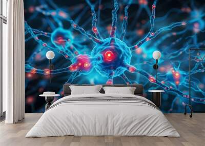 Abstract close-up of blue glittering neuron cells creating a mesmerizing artistic background of the nervous system Wall mural