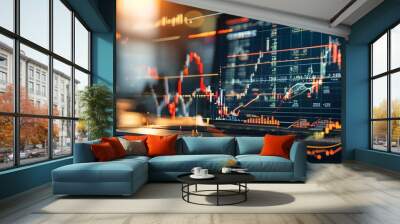 Abstract convergence of finance and technology with stock market trends, yield curves, statistical charts, and generative AI innovation Wall mural