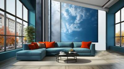 abstract design featuring white and blue background with gray sky centerpiece, bordered by dark silver metal frame and accented with dark grey metallic elements Wall mural