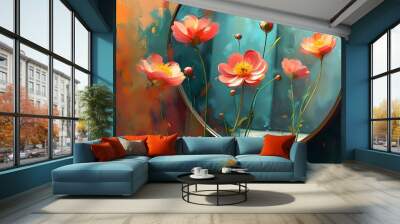 Abstract digital painting of flowers reflected in a mirror, featuring vibrant graphics and a generative design for a striking poster background Wall mural