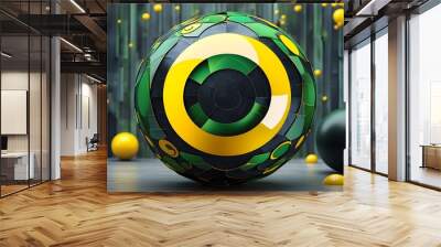 Abstract geometric design featuring dark spheres, vibrant yellow accents, and intricate green circle patterns Wall mural