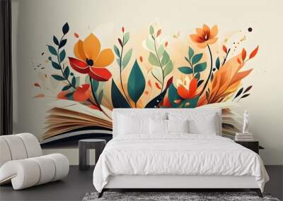 Abstract illustration of an open book adorned with flowers and leaves, embodying the essence of brand storytelling through creative design Wall mural