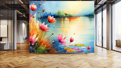 Abstract watercolor landscape showcasing blooming flowers along a serene riverside Wall mural