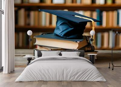 Academic Triumph: Graduation Cap on Stacked Books in a Minimalistic Setting Wall mural