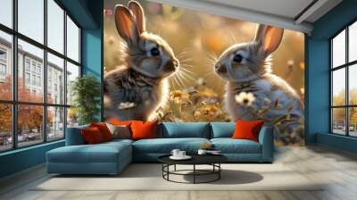 adorable baby rabbit family surrounded by vibrant flowers in a dreamy field setting Wall mural