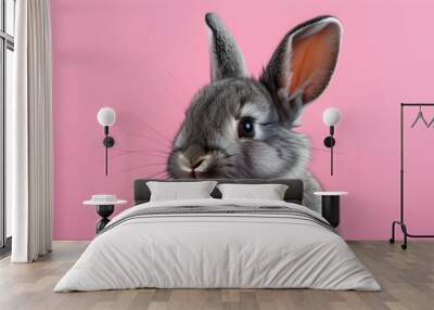 Adorable gray rabbit on a charming pink backdrop Wall mural