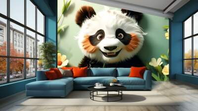 Adorable panda smiling amidst vibrant spring flowers, perfect inspiration for childrens room decor and playful animal-themed wallpaper Wall mural