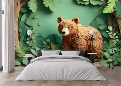 adorable paper cut style brown bear exploring a lush green forest in a whimsical nursery illustration Wall mural