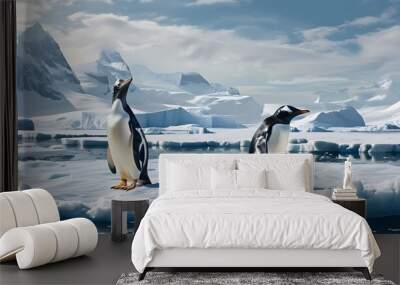 Adorable penguin on a melting ice floe amidst a snowy winter landscape, highlighting the impact of climate change on fragile ecosystems Wall mural