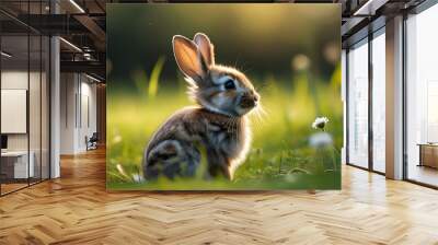 Adorable rabbit nestled in lush green grass Wall mural